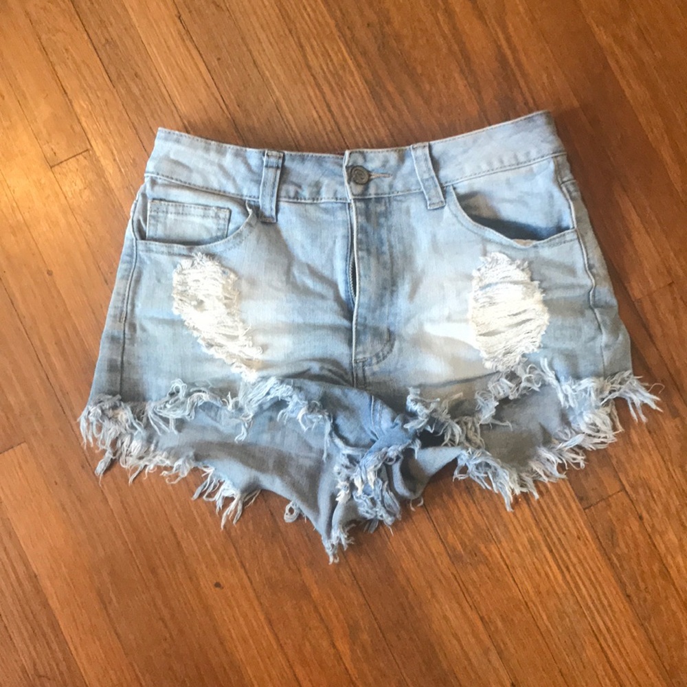 High waisted distressed jean shorts